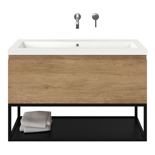 Bellanti Solo/Tela/Esta badmeubel 100x46 1 softclose lade olm greeploos polystone wastafel wit zonder kraangaten met mat zwart metalen frame