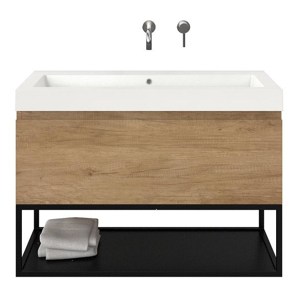 Bellanti Solo/Tela/Esta badmeubel 100x46 1 softclose lade olm greeploos polystone wastafel wit zonder kraangaten met mat zwart metalen frame