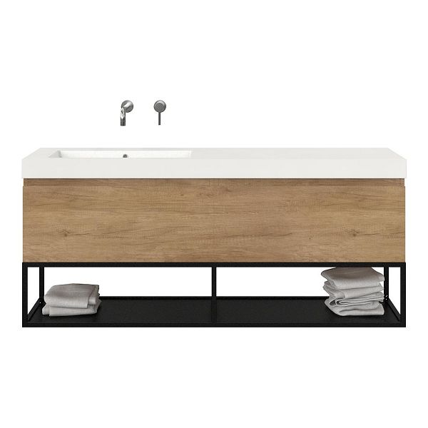 Bellanti Solo/Tela/Esta badmeubel 160x46 2 softclose laden olm greeploos polystone enkele wastafel links wit zonder kraangat met mat zwart metalen frame