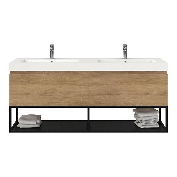 Bellanti Solo/Tela/Esta badmeubel 160x46 2 softclose laden olm greeploos polystone dubbele wastafel wit 2 kraangaten met mat zwart metalen frame