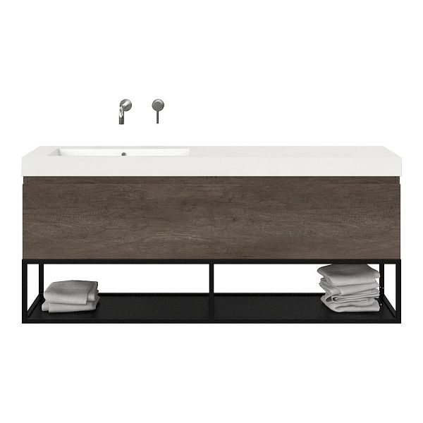 Bellanti Solo/Tela/Esta badmeubel 160x46 2 softclose laden olm donker grijs greeploos polystone enkele wastafel links wit zonder kraangat met mat zwart metalen frame