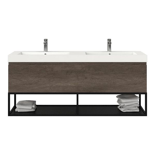 Bellanti Solo/Tela/Esta badmeubel 160x46 2 softclose laden olm donker grijs greeploos polystone dubbele wastafel wit 2 kraangaten met mat zwart metalen frame