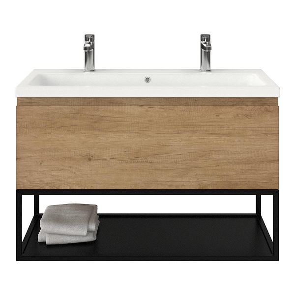 Bellanti Solo/Tela/Amelia badmeubel 100x46 1 softclose lade olm greeploos keramische wastafel wit mat met 2 kraangaten met mat zwart metalen frame
