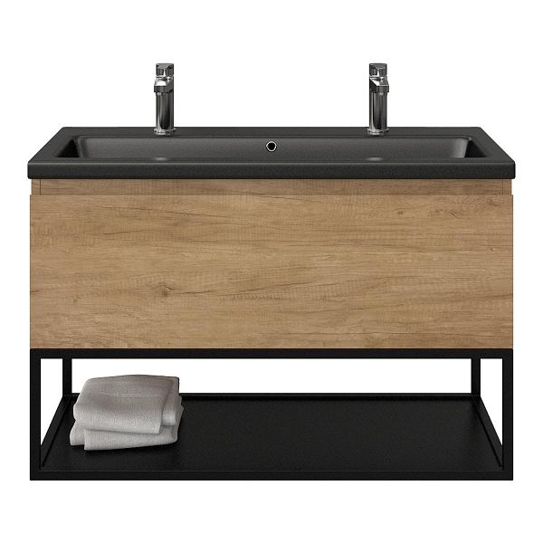 Bellanti Solo/Tela/Amelia badmeubel 100x46 1 softclose lade olm greeploos keramische wastafel zwart mat met 2 kraangaten met mat zwart metalen frame