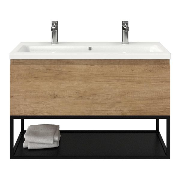 Bellanti Solo/Tela/Amelia badmeubel 100x46 1 softclose lade olm greeploos keramische wastafel wit glans met 2 kraangaten met mat zwart metalen frame