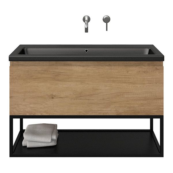 Bellanti Solo/Tela/Amelia badmeubel 100x46 1 softclose lade olm greeploos keramische wastafel zwart mat zonder kraangaten met mat zwart metalen frame
