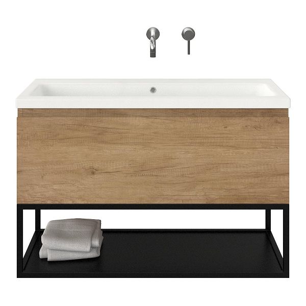 Bellanti Solo/Tela/Amelia badmeubel 100x46 1 softclose lade olm greeploos keramische wastafel wit mat zonder kraangaten met mat zwart metalen frame