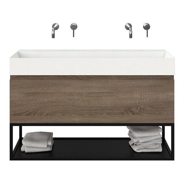 Bellanti Solo/Tela /Azzurra badmeubel 120x46 1 softclose lade eiken donker greeploos keramische wastafel wit mat zonder kraangaten met mat zwart metalen frame
