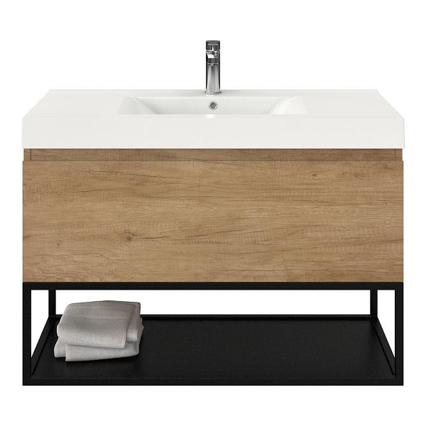 Bellanti Solo/Tela/Wave badmeubel 100x46 1 softclose lade olm greeploos polystone wastafel wit met 1 kraangat met mat zwart metalen frame