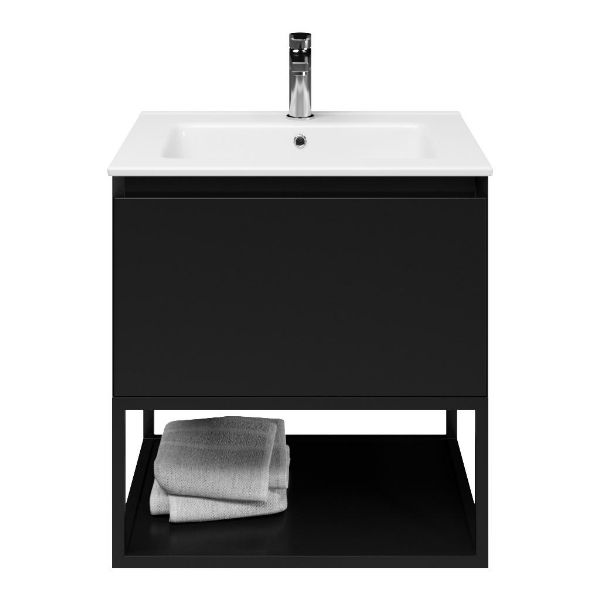 Bellanti Solo/Tela/Etna badmeubel 60x46 1 softclose lade zwart mat greeploos keramische wastafel wit met 1 kraangat met mat zwart metalen frame