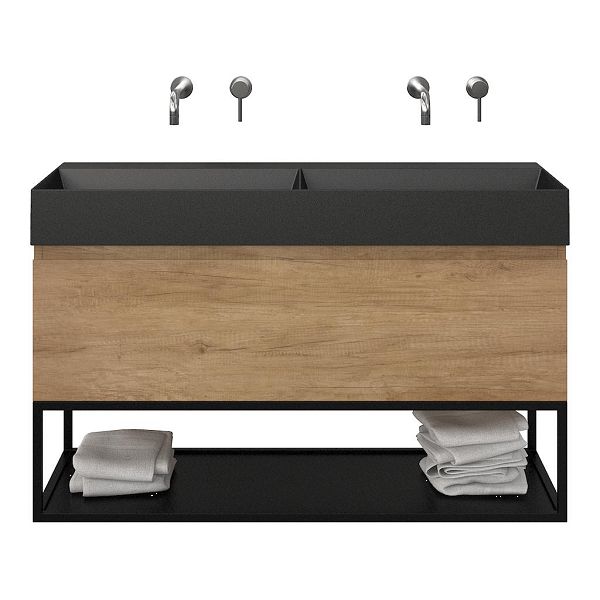 Bellanti Solo/Tela /Azzurra badmeubel 120x46 1 softclose lade olm greeploos keramische wastafel dubbel zwart mat zonder kraangaten met mat zwart metalen frame