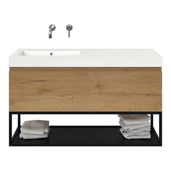 Bellanti Solo/Tela/Esta badmeubel 120x46 1 softclose lade eiken natuur greeploos polystone wastafel wit zonder kraangaten met mat zwart metalen frame