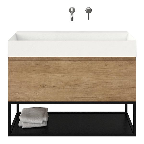 Bellanti Solo/Tela/Azzurra badmeubel 100x46 1 softclose lade olm greeploos keramische wastafel wit mat zonder kraangaten met mat zwart metalen frame