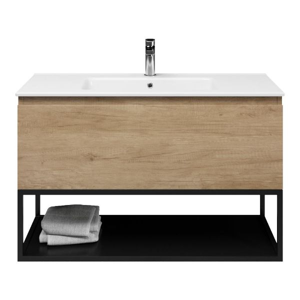 Bellanti Solo/Tela/Etna badmeubel 100x46 1 softclose lade olm greeploos keramische wastafel wit met 1 kraangat met mat zwart metalen frame