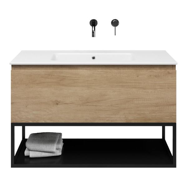 Bellanti Solo/Tela/Etna badmeubel 100x46 1 softclose lade olm greeploos keramische wastafel wit zonder kraangaten met mat zwart metalen frame