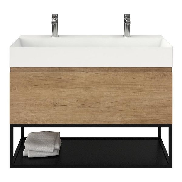 Bellanti Solo/Tela/Azzurra badmeubel 100x46 1 softclose lade olm greeploos keramische wastafel wit glans met 2 kraangaten met mat zwart metalen frame