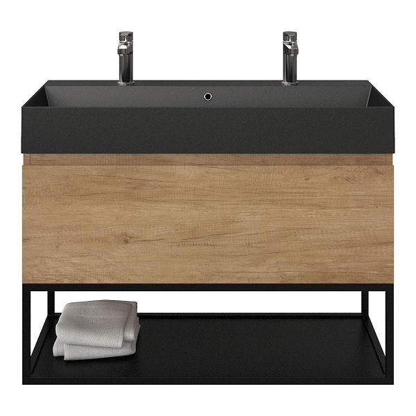 Bellanti Solo/Tela/Azzurra badmeubel 100x46 1 softclose lade olm greeploos keramische wastafel zwart mat met 2 kraangaten met mat zwart metalen frame
