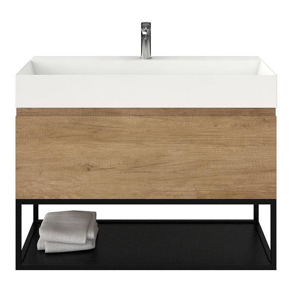 Bellanti Solo/Tela/Azzurra badmeubel 100x46 1 softclose lade olm greeploos keramische wastafel wit glans met 1 kraangat met mat zwart metalen frame