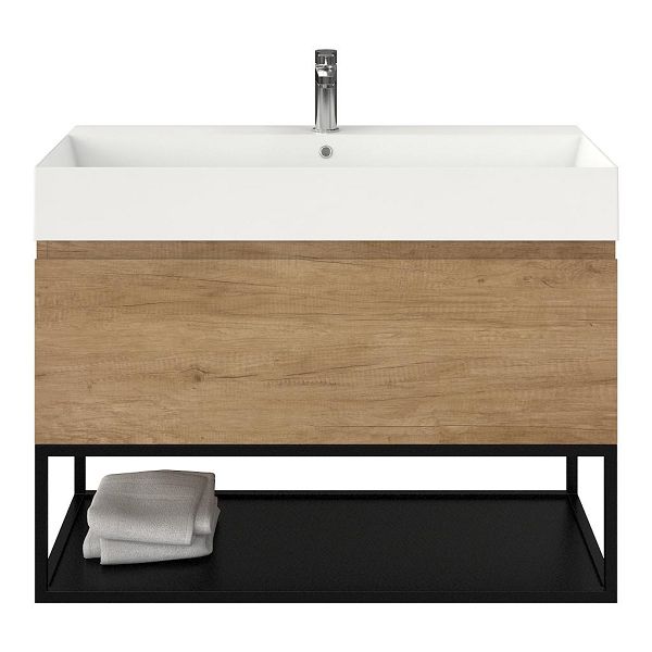 Bellanti Solo/Tela/Azzurra badmeubel 100x46 1 softclose lade olm greeploos keramische wastafel wit glans met 1 kraangat met mat zwart metalen frame