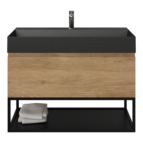 Bellanti Solo/Tela/Azzurra badmeubel 100x46 1 softclose lade olm greeploos keramische wastafel zwart mat met 1 kraangat met mat zwart metalen frame
