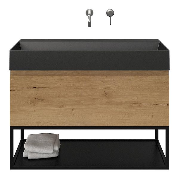 Bellanti Solo/Tela/Azzurra badmeubel 100x46 1 softclose lade eiken natuur greeploos keramische wastafel zwart mat zonder kraangaten met mat zwart metalen frame