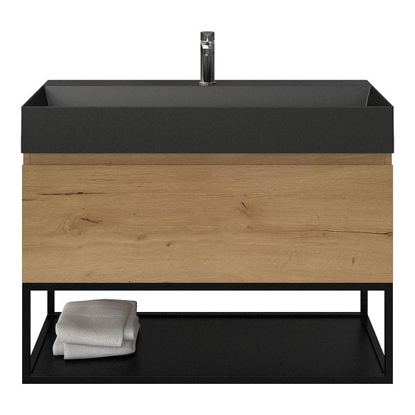 Bellanti Solo/Tela/Azzurra badmeubel 100x46 1 softclose lade eiken natuur greeploos keramische wastafel zwart mat met 1 kraangat met mat zwart metalen frame