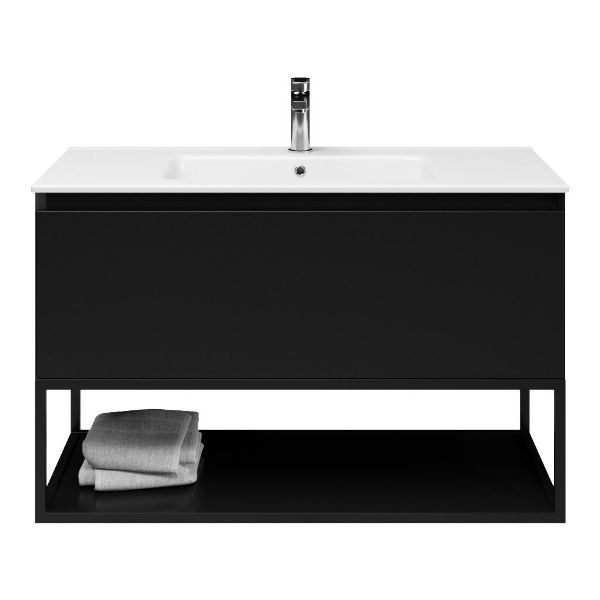 Bellanti Solo/Tela/Etna badmeubel 100x46 1 softclose lade zwart mat greeploos keramische wastafel wit met 1 kraangat met mat zwart metalen frame
