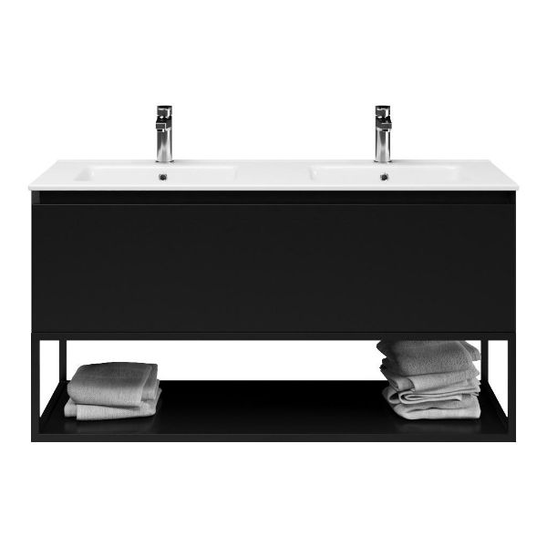 Bellanti Solo/Tela/Etna badmeubel 120x46 1 softclose lade zwart mat greeploos keramische wastafel dubbel wit met 2 kraangaten met mat zwart metalen frame
