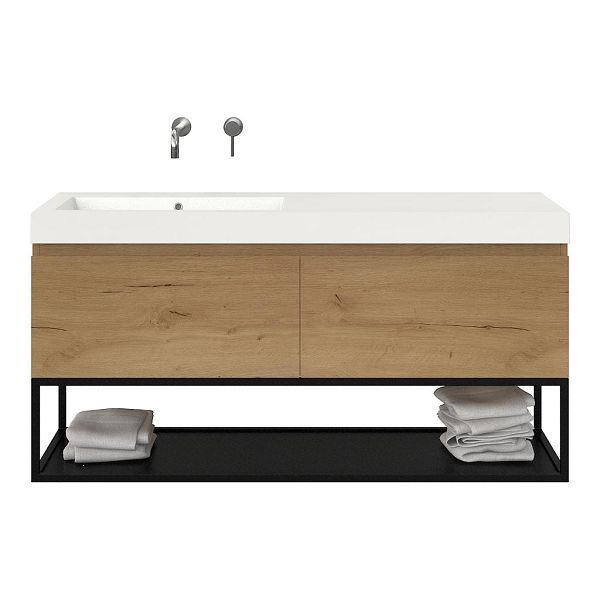 Bellanti Solo/Tela/Esta badmeubel 140x46 2 softclose laden eiken natuur greeploos polystone wastafel wit zonder kraangaten met mat zwart metalen frame