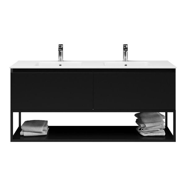 Bellanti Solo/Tela/Etna badmeubel 140x46 2 softclose laden zwart mat greeploos keramische wastafel dubbel wit met 2 kraangaten met mat zwart metalen frame