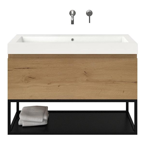 Bellanti Solo/Tela/Esta badmeubel 100x46 1 softclose lade eiken natuur greeploos polystone wastafel wit zonder kraangaten met mat zwart metalen frame