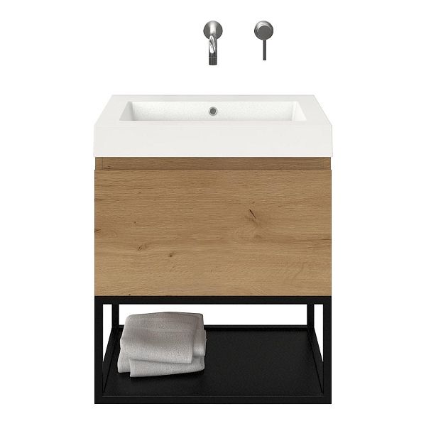 Bellanti Solo/Tela/Esta badmeubel 60x46 1 softclose lade eiken natuur greeploos polystone wastafel wit zonder kraangaten met mat zwart metalen frame
