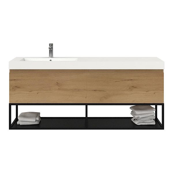 Bellanti Solo/Tela/Esta badmeubel 160x46 2 softclose laden eiken natuur greeploos polystone enkele wastafel links wit met 1 kraangat met mat zwart metalen frame