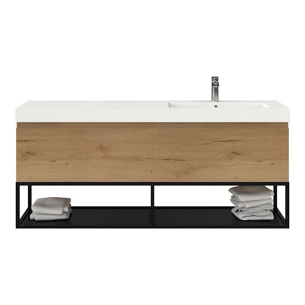 Bellanti Solo/Tela/Esta badmeubel 160x46 2 softclose laden eiken natuur greeploos polystone enkele wastafel rechts wit met 1 kraangat met mat zwart metalen frame
