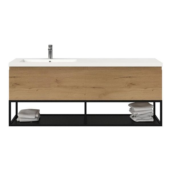 Bellanti Solo/Tela/Esta badmeubel 160x46 2 softclose laden eiken natuur greeploos polystone enkele wastafel links wit met 1 kraangat met mat zwart metalen frame