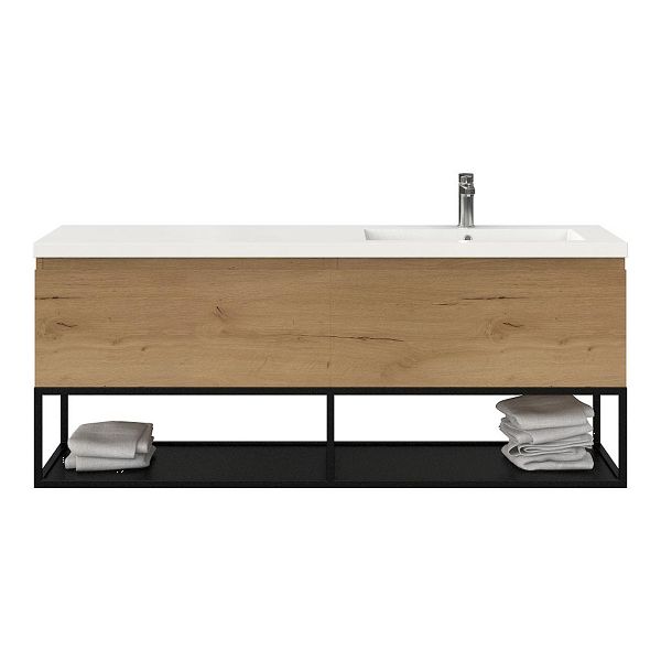 Bellanti Solo/Tela/Esta badmeubel 160x46 2 softclose laden eiken natuur greeploos polystone enkele wastafel rechts wit met 1 kraangat met mat zwart metalen frame