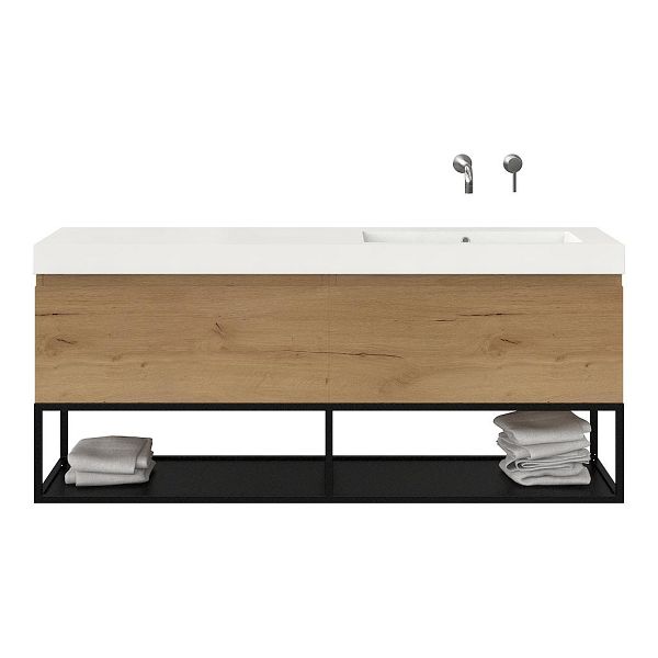 Bellanti Solo/Tela/Esta badmeubel 160x46 2 softclose laden eiken natuur greeploos polystone enkele wastafel rechts wit zonder kraangat met mat zwart metalen frame