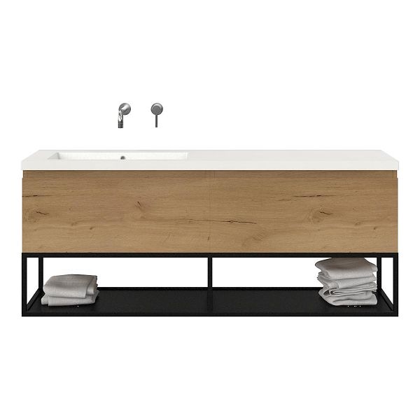 Bellanti Solo/Tela/Esta badmeubel 160x46 2 softclose laden eiken natuur greeploos polystone enkele wastafel links wit zonder kraangat met mat zwart metalen frame