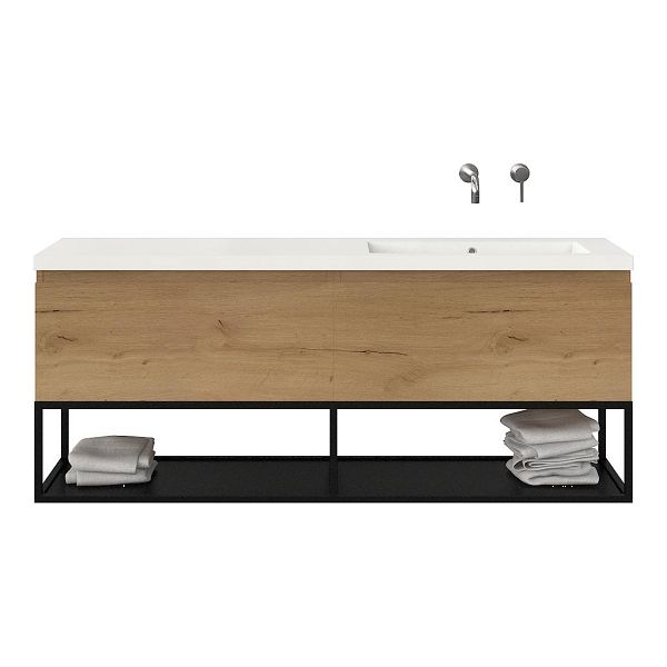 Bellanti Solo/Tela/Esta badmeubel 160x46 2 softclose laden eiken natuur greeploos polystone enkele wastafel rechts wit zonder kraangat met mat zwart metalen frame