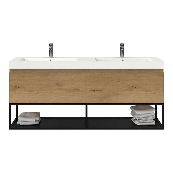 Bellanti Solo/Tela/Esta badmeubel 160x46 2 softclose laden eiken natuur greeploos polystone dubbele wastafel wit 2 kraangaten met mat zwart metalen frame