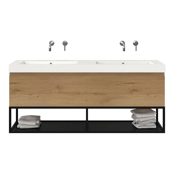 Bellanti Solo/Tela/Esta badmeubel 160x46 2 softclose laden eiken natuur greeploos polystone dubbele wastafel wit zonder kraangaten met mat zwart metalen frame