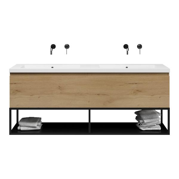 Bellanti Solo/Tela/Esta badmeubel 160x46 2 softclose laden eiken natuur greeploos polystone dubbele wastafel wit zonder kraangaten met mat zwart metalen frame