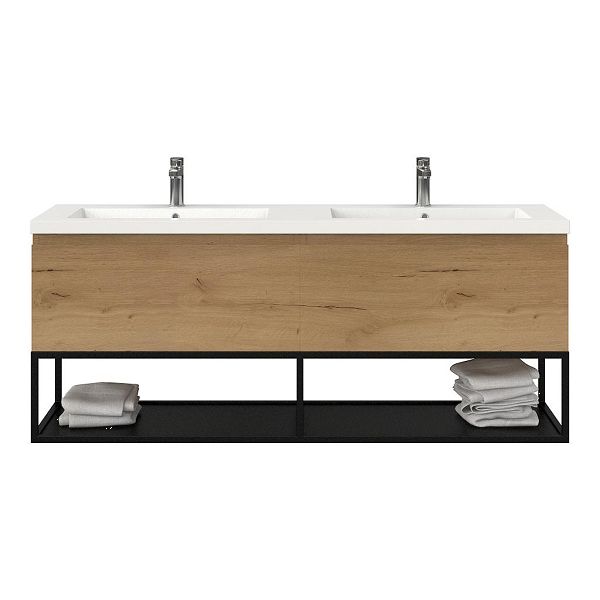 Bellanti Solo/Tela/Esta badmeubel 160x46 2 softclose laden eiken natuur greeploos polystone dubbele wastafel wit 2 kraangaten met mat zwart metalen frame