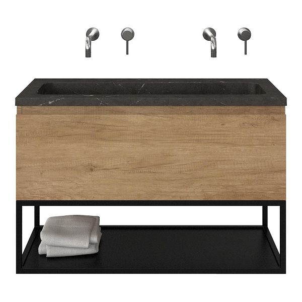 Bellanti Solo/Tela/Square badmeubel 100x46 1 softclose lade olm greeploos natuursteen wastafel blue stone zonder kraangaten met mat zwart metalen frame