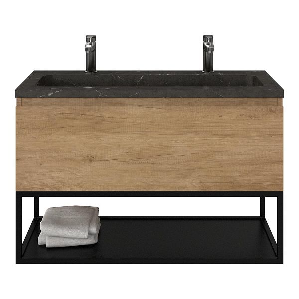 Bellanti Solo/Tela/Square badmeubel 100x46 1 softclose lade olm greeploos natuursteen wastafel blue stone met 2 kraangaten met mat zwart metalen frame