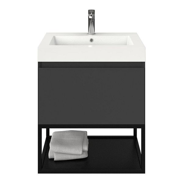 Bellanti Solo/Tela/Esta badmeubel 60x46 1 softclose lade antraciet mat greeploos polystone wastafel wit met 1 kraangat met mat zwart metalen frame