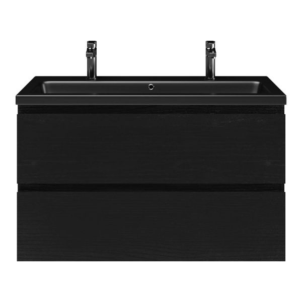 Bellanti Gisella/Amelia badmeubel 100x46 2 softclose laden zwart mat eiken greeploos keramische wastafel zwart mat met 2 kraangaten