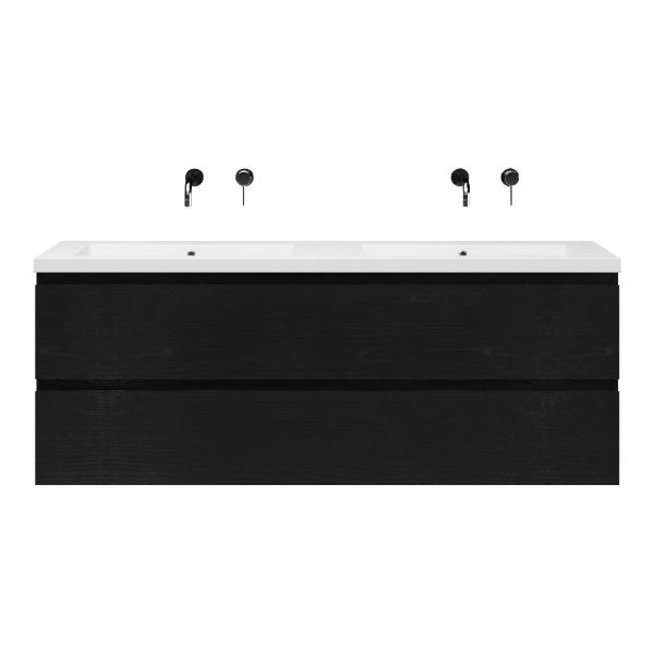Bellanti Gisella/Esta badmeubel 160x46 4 softclose laden zwart mat eiken greeploos polystone dubbele wastafel wit zonder kraangaten