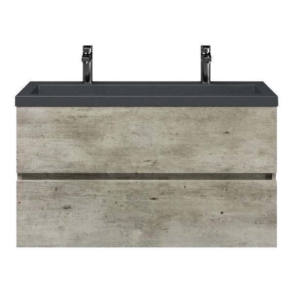 Bellanti Fabia/Esta-Q ondiep badmeubel 100x36 2 softclose laden steigerhout licht grijs greeploos met quartz wastafel mat grijs met 2 kraangaten zonder overloop