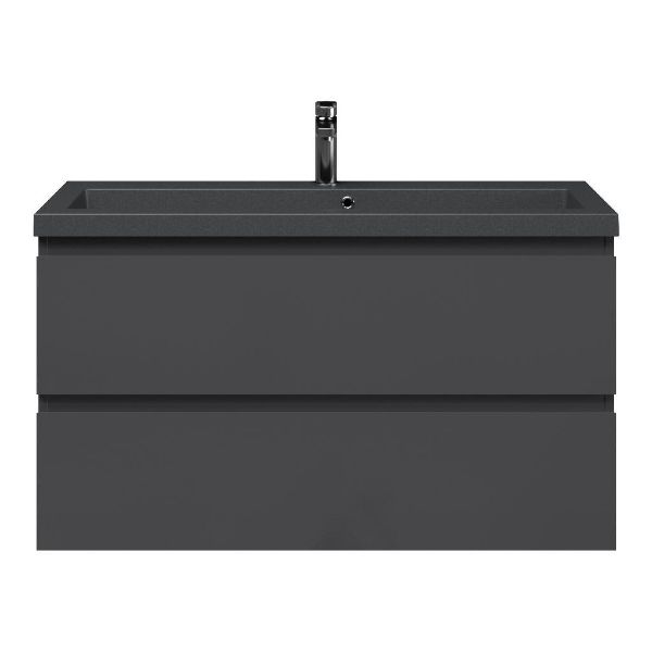 Bellanti Secca/Esta-Q ondiep badmeubel 100x36 2 softclose laden antraciet hoogglans greeploos met quartz wastafel mat grijs met 1 kraangat met overloop